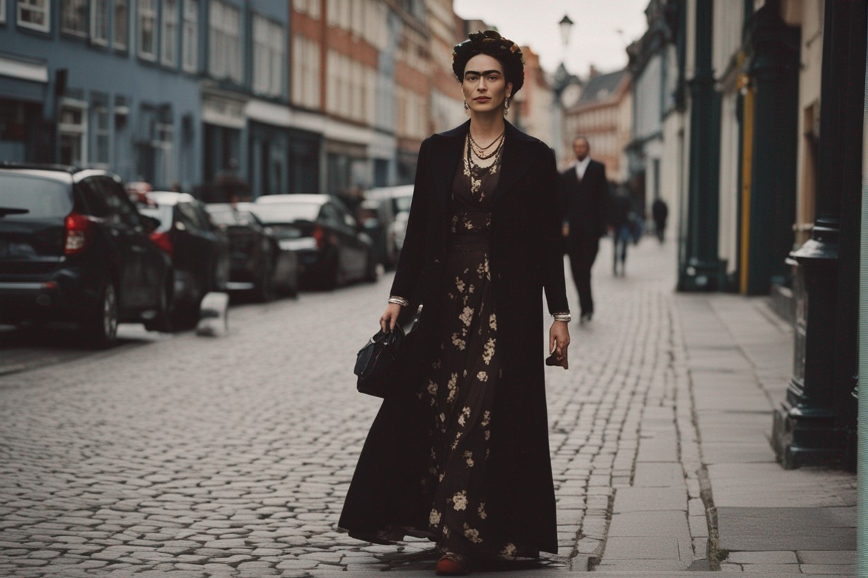 Stable Diffusion XL: A photo of Frida Kahlo walking in downtown Copenhagen in 2015